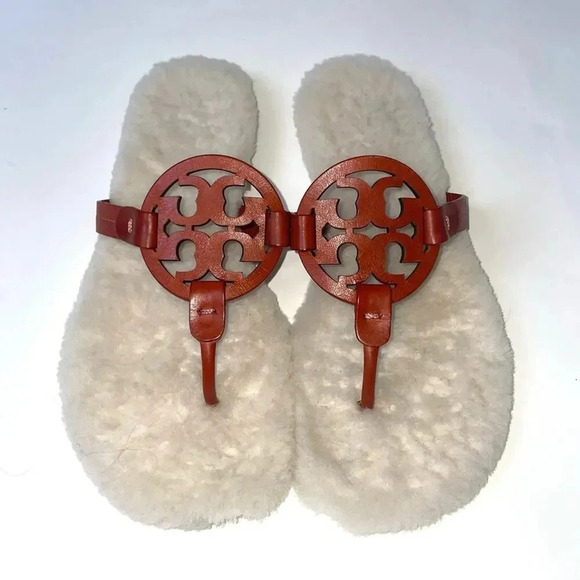Tory Burch Shearling Miller Calf Leather Sandals In Desert Spice Size 8 - Picture 2 of 8